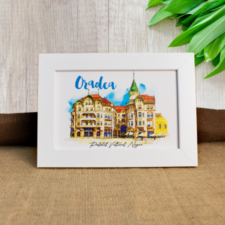 Tablou suvenir, acuarela, Palatul Vulturul Negru, Oradea, dimensiune 10 x15 cm, rama inclusa