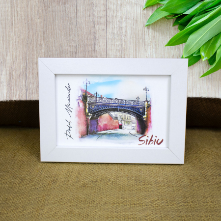 Sibiu - Tablou suvenir, acuarela, Podul Minciunilor Sibiu, dimensiune 10 x15 cm, rama inclusa