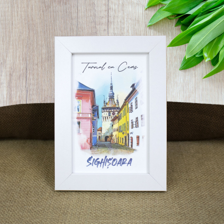 Tablou suvenir - Tablou suvenir, acuarela, Turnul cu ceas Sighisoara, dimensiune 10 x15 cm, rama inclusa