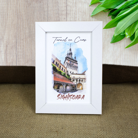 Tablou suvenir - Tablou suvenir, acuarela, Turnul cu ceas Sighisoara, dimensiune 10 x15 cm, rama inclusa