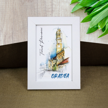 Tablou suvenir - Tablou suvenir, acuarela, Turnul Primariei Oradea, dimensiune 10 x15 cm, rama inclusa