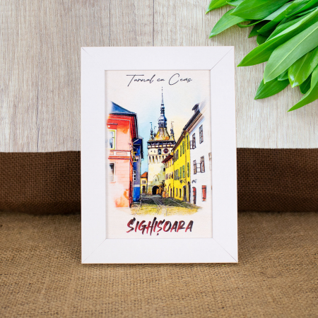 Tablou suvenir - Tablou suvenir, din lemn, acuarela, Turnul cu ceas Sighisoara, dimensiune 10 x15 cm, rama inclusa