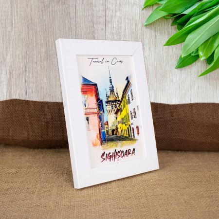 Tablou suvenir, din lemn, acuarela, Turnul cu ceas Sighisoara, dimensiune 10 x15 cm, rama inclusa [1]