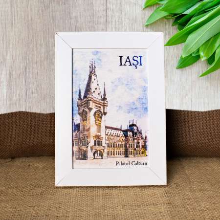 Palatul Culturii Iasi - Tablou suvenir, din lemn, acuarela, Palatul Culturii din Iasi, dimensiune 10/15 cm, rama inclusa