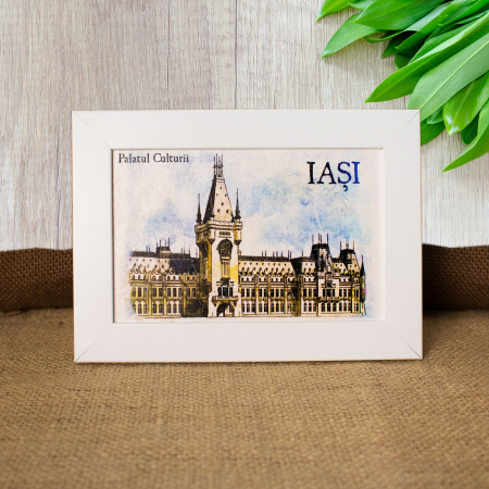 Palatul Culturii Iasi - Tablou suvenir, din lemn, acuarela, Palatul Culturii din Iasi, dimensiune 10/15 cm, rama inclusa
