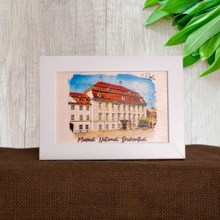 Tablou suvenir - Tablou suvenir din lemn, acuarela, Muzeul National Brukenthal Sibiu, dimensiune 10 x15 cm, rama inclusa
