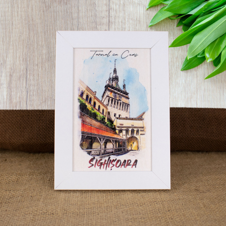 Tablou suvenir - Tablou suvenir, din lemn, acuarela, Turnul cu ceas Sighisoara, dimensiune 10 x15 cm, rama inclusa