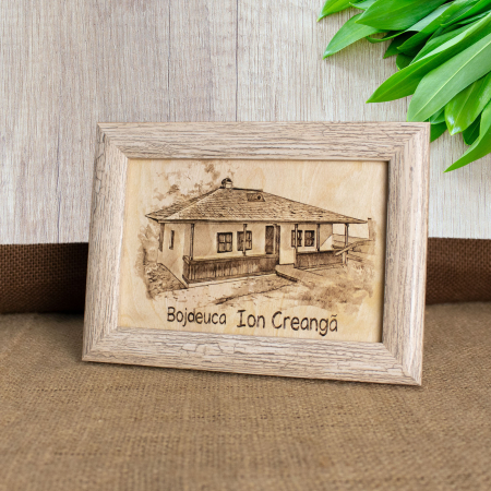 Tablou suvenir din lemn, gravat,  "Bojdeuca lui Ion Creanga, Iasi", dimensiune 10/15 cm, rama inclusa [2]