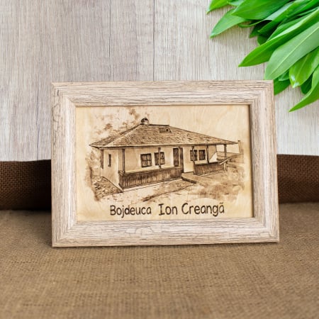 Tablou suvenir din lemn, gravat,  "Bojdeuca lui Ion Creanga, Iasi", dimensiune 10/15 cm, rama inclusa
