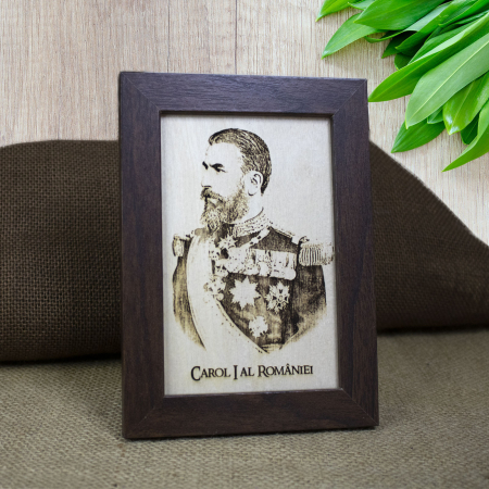 Tablouri gravate - Tablou suvenir din lemn, gravat, Carol I al Romaniei, dimensiune 10/15 cm, rama inclusa