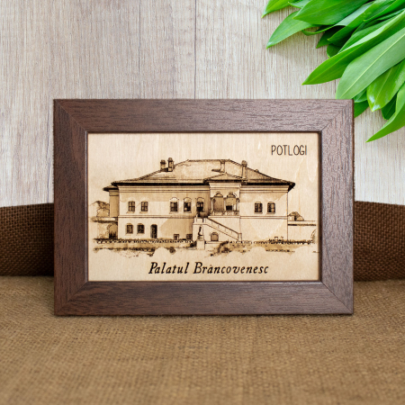 Tablouri gravate - Tablou suvenir din lemn, gravat, Palatul Brancovenesc Potlogi, dimensiune 10 x15 cm, rama inclusa