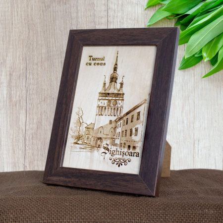 Tablou suvenir din lemn, gravat, Turnul cu Ceas, Sighisoara, dimensiune 10/15, rama inclusa [2]