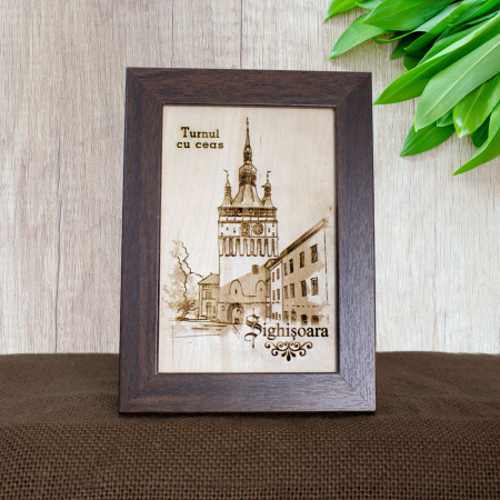 Sighisoara - Tablou suvenir din lemn, gravat, Turnul cu Ceas, Sighisoara, dimensiune 10/15, rama inclusa