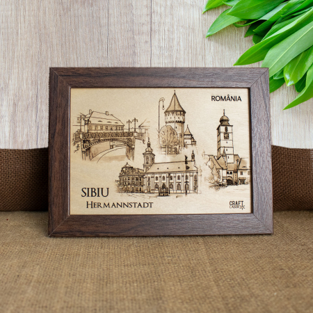 Tablouri gravate - Tablou suvenir din lemn, gravat,  Visit Sibiu, dimensiune 13/18, rama inclusa