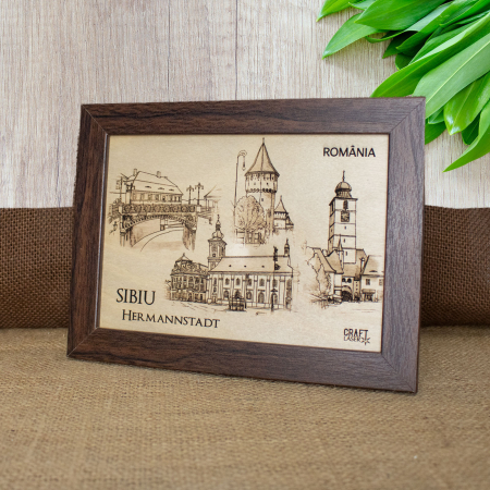 Tablou suvenir din lemn, gravat,  Visit Sibiu, dimensiune 13/18, rama inclusa [1]
