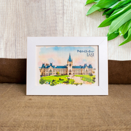 Tablou suvenir, din lemn, Palatul Culturii din Iasi, dimensiune 10/15 cm, rama inclusa