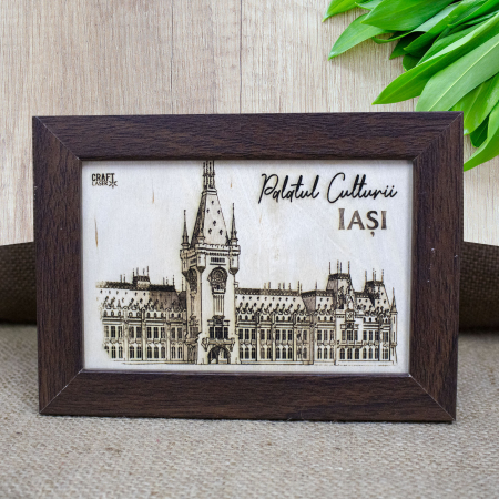 Tablouri gravate - Tablou suvenir, din lemn, gravat, Palatul Culturii din Iasi, dimensiune 10/15 cm, rama inclusa