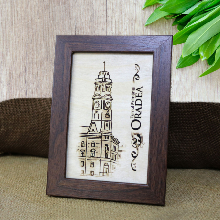 Tablouri gravate - Tablou suvenir din lemn, gravat,  Turnul Primariei Oradea, dimensiune 10 x15 cm, rama inclusa