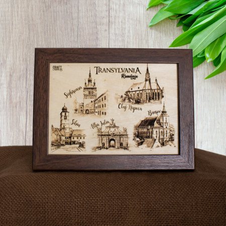 Tablouri gravate - Tablou suvenir din lemn, gravat, Visit Transylvania, dimensiune 13/18, rama inclusa