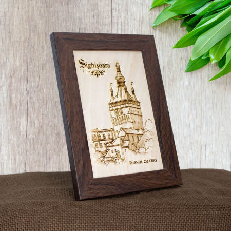 Tablou suvenir din lemn, gravat,  Turnul cu Ceas, Sighisoara, dimensiune 10/15, rama inclusa [1]