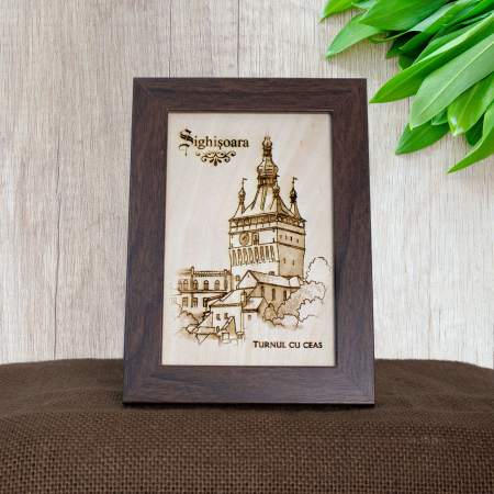 Tablouri gravate - Tablou suvenir din lemn, gravat,  Turnul cu Ceas, Sighisoara, dimensiune 10/15, rama inclusa