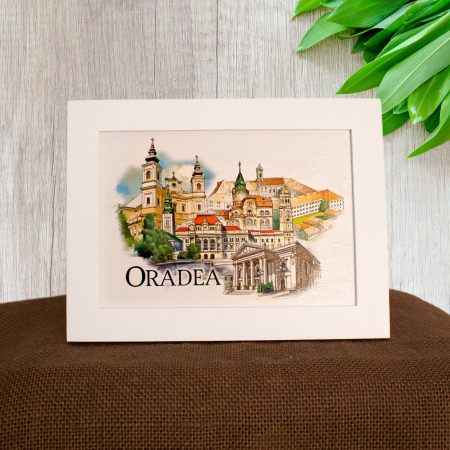 Tablou suvenir - Tablou suvenir din lemn, acuarela, Oradea, dimensiune 13 x18 cm, rama inclusa