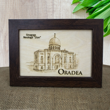 Tablouri gravate - Tablou suvenir din lemn, gravat, Sinagoga Sion Oradea, diemnsiune 10 x 15 cm, rama inclusa