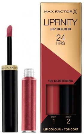 Ruj Buze - Max Factor Lipfinity 102 Glistening – Ruj Lichid Lungă Durată 24h, Roz-Karmin cu Shimmer
