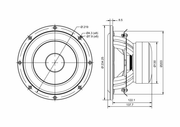 SB Acoustics SB23MFCL45-8 difuzor subwoofer 8” polipropilenă, 8Ω [2]