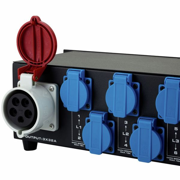 Stairville PD-332 distribuitor curent trifazat 32A, 6 Schuko + CEE 32A, rack 19” 3U [5]