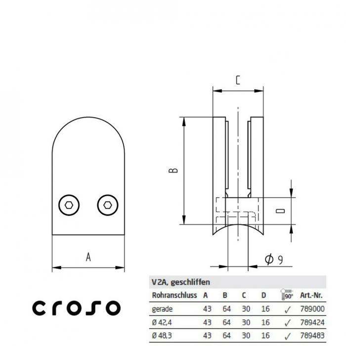 Clema sticla, semirotunda, 43x64mm, pt 12,76 mm  Material Cleme Sticla AISI 304 Finisaj Satinat Montant [mm] 42.4 Sticla [mm] 12,76 Pozitionare sticla *** [2]