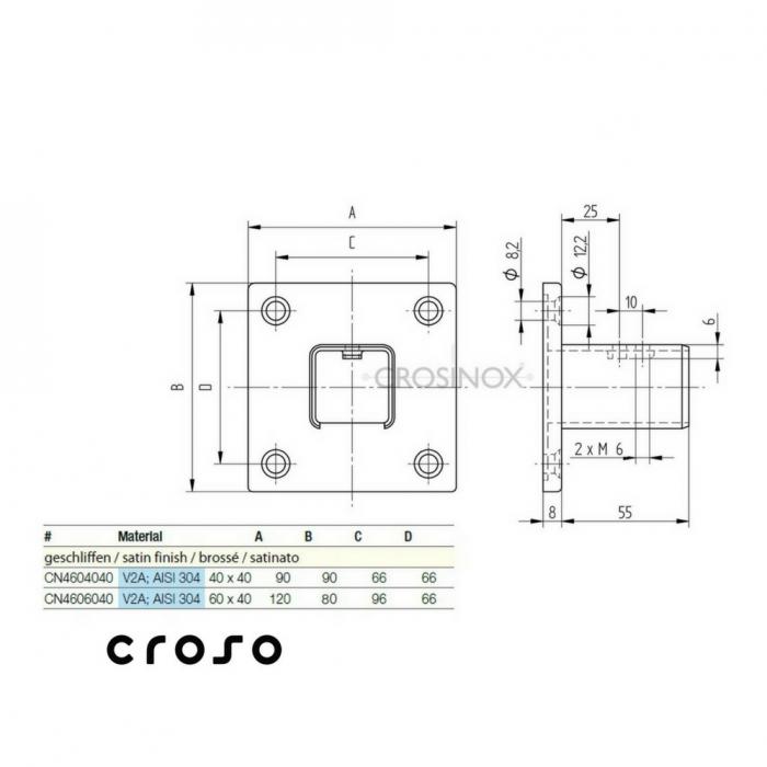 Ancora masiva pentru tub profilat 60x40mm Material AISI 304 Pt teava [mm] 60 X 40 Finisaj Satinat [3]