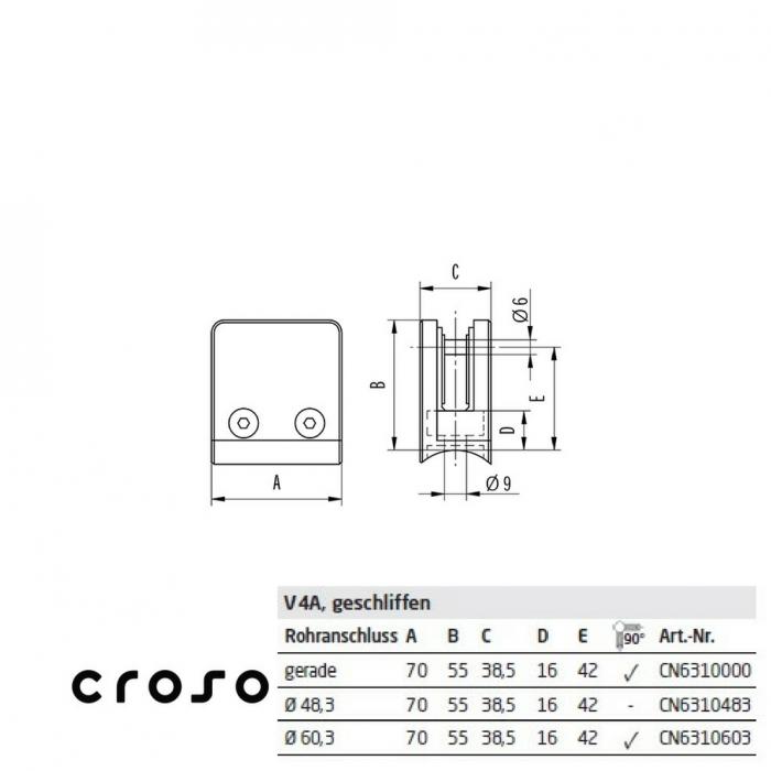 Držiak skla 70 x 55 mm ( max 17,52 mm ) Materiál AISI 316 Povrch Lesk Rúrka [mm] 48.3 Sklo [mm] 13,52 - 17,52 Polohovacie *** [2]