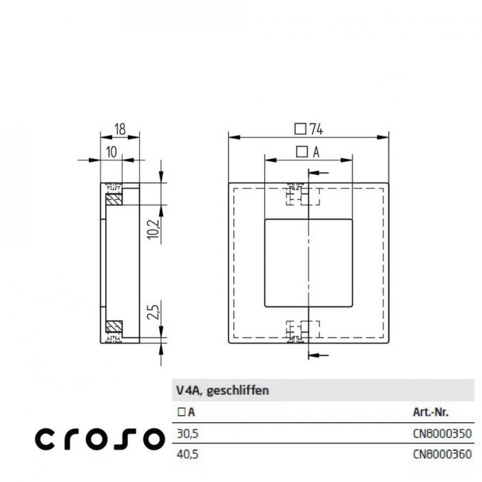 Trg rozeta 2 kom Materijal AISI 316 Površinski Učinak Od Nehrđajućeg čelika Trg cijevi vanjske mjere [mm] 30 X 30 [2]