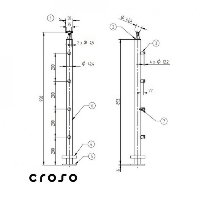 4 traverse / placa / 950 mm Material AISI 304 Finisaj Satinat [2]