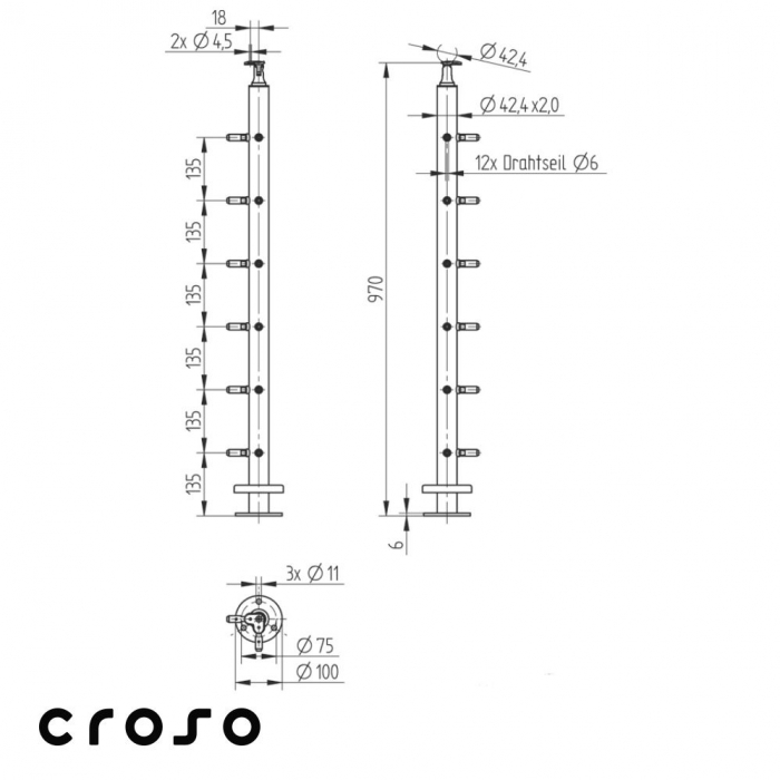 Sodrony 6 mm / födémre / SAROK Sodrony átmérő [mm] 6 Oszlop [mm] 42.4 Felület Csiszolt Anyag KO33 [2]