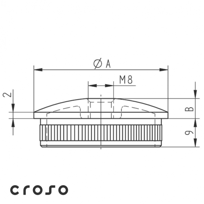 Kappe M8 Ø33,7-48,3 x 2,0 Material V2A Oberfläche Geschliffen Ø A [mm] 42,4 x 2,0 [2]