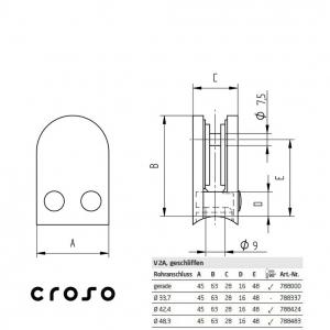 D 45x63 [Ø42,4] Material V2A Oberfläche Geschliffen Rohre [mm] 42.4 Glas [mm] 6 - 11,52 Positionierung *** [1]