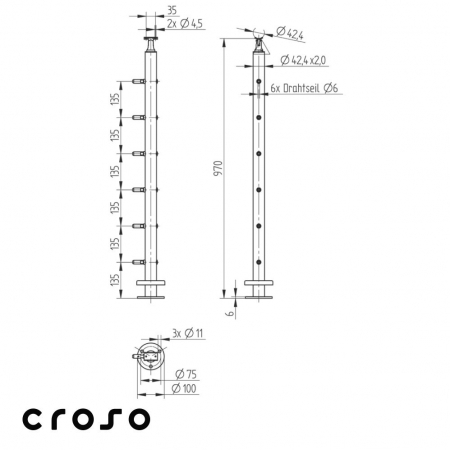 Drahtseil 6 mm / Aufgesetzt / ENDE Material V2A Oberfläche Geschliffen Rohre [mm] 42.4 Drahtseildurchmesser [mm] 6 [1]