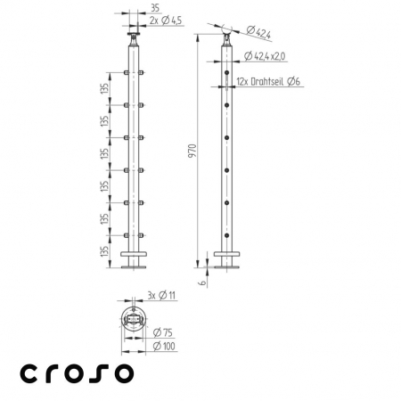Drahtseil 6 mm / Aufgesetzt / MITTE Material V2A Oberfläche Geschliffen Rohre [mm] 42.4 Drahtseildurchmesser [mm] 6 [1]