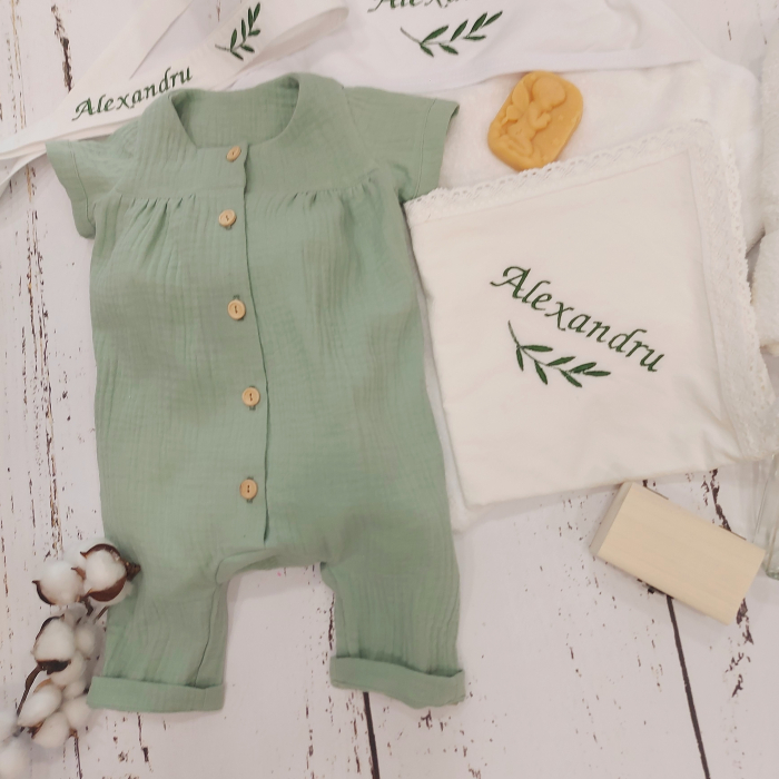 Set salopeta bebe si botosei personalizati, din muselina- Baby Blue Muslin [3]