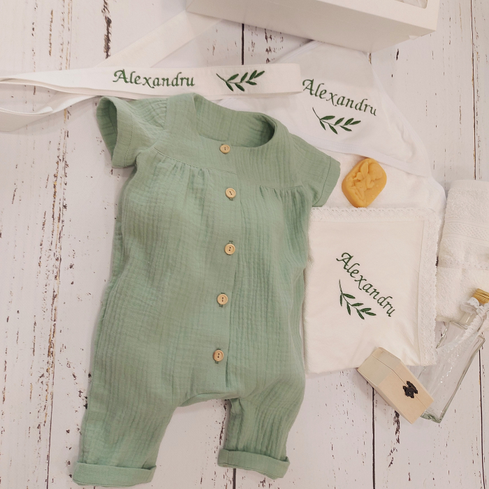 Set salopeta bebe si botosei personalizati, din muselina- Baby Blue Muslin [5]