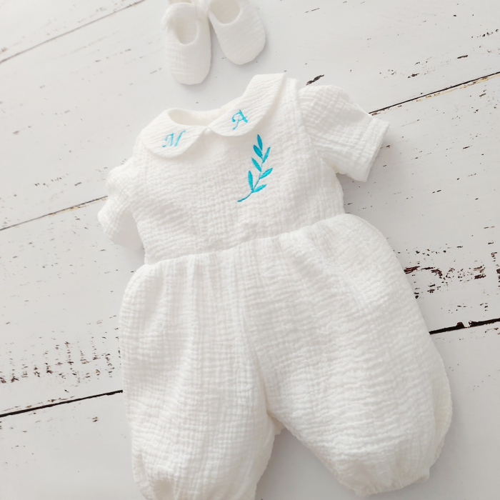 Set salopeta bebe si botosei personalizati, din muselina- Baby Blue Muslin [2]