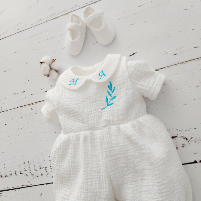 Set salopeta bebe si botosei personalizati, din muselina- Baby Blue Muslin [6]