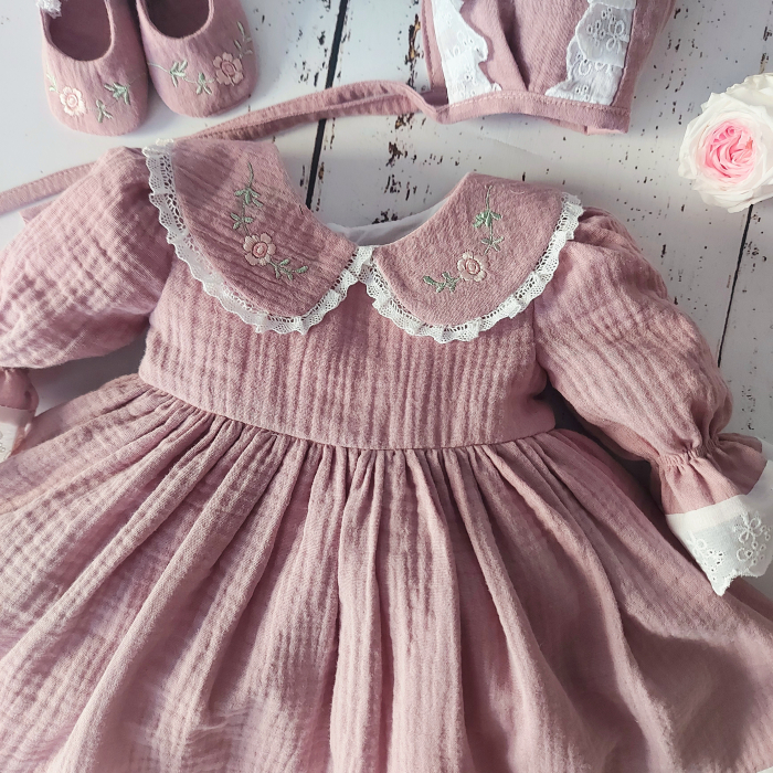 Set rochita din muselina - Vintage Flowers - Roz pudra [7]