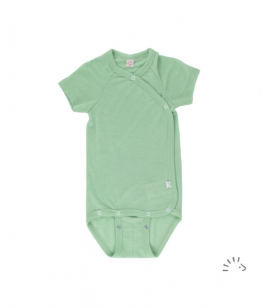 Body-uri bebe - Body kimono din lana merinos si matase, maneca scurta- Green Melange
