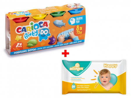 Pachet Special: Plastilina pentru bebelusi 8  75 g cutie + Servetele umede bebe Alinan 56 buc set