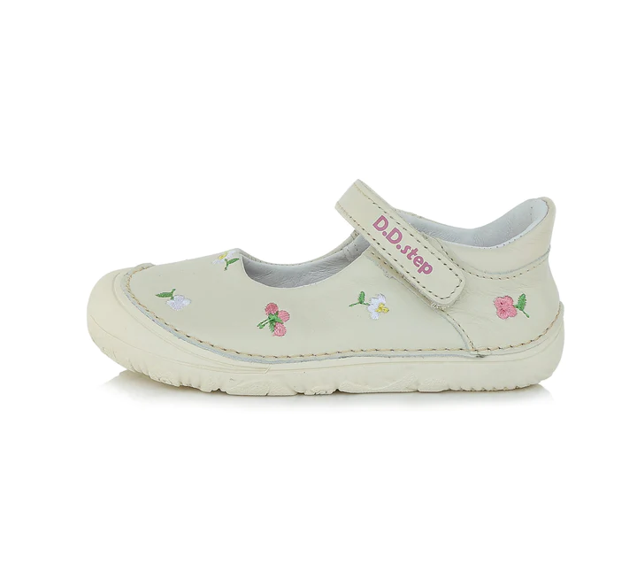 Incaltaminte copii - Pantofi balerini piele fete, Crem cu floricele - D.D.Step