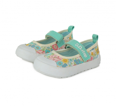 Incaltaminte copii - Pantofi de panza fete, verde cu floricele - D.D.Step