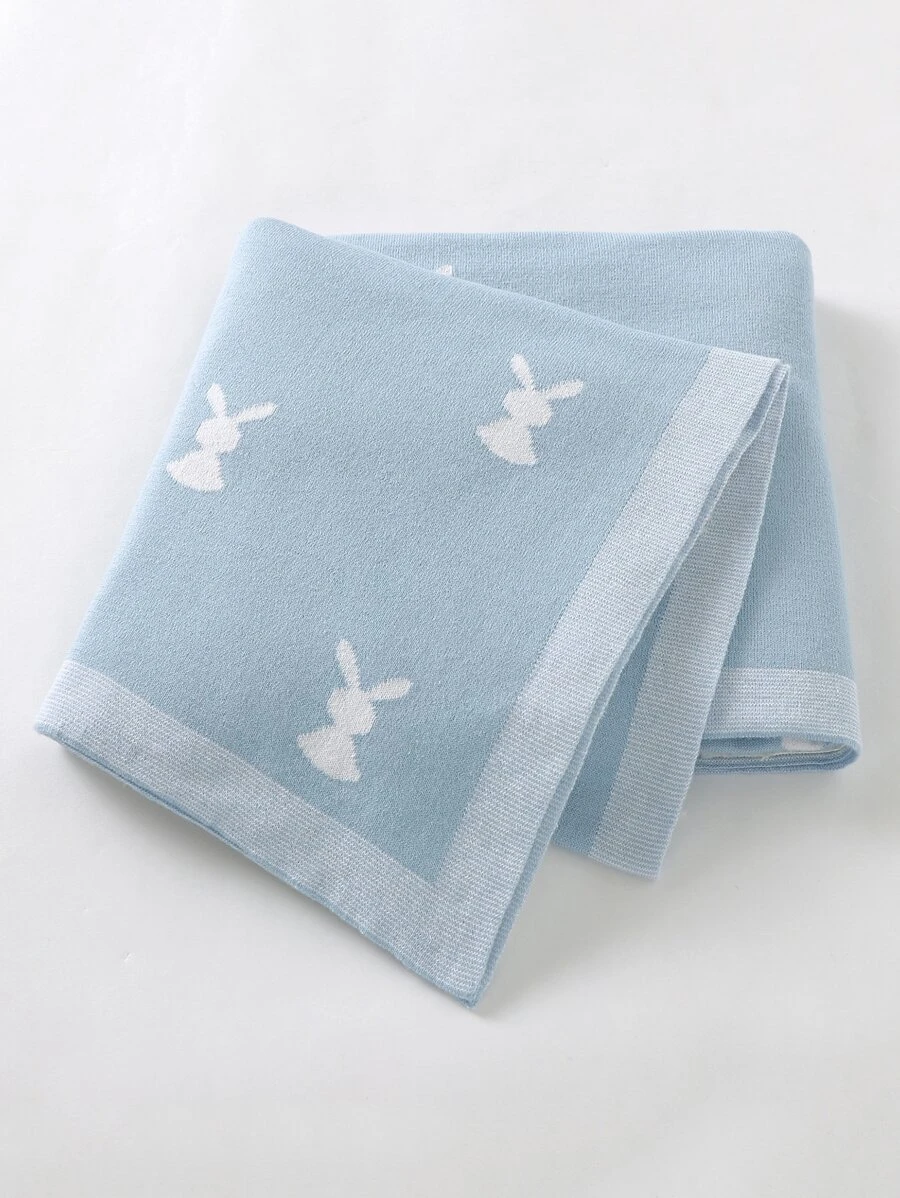 Paturici bebe - Patura tricotata din bumbac Cute Rabbits I Blue I 100x80 cm
